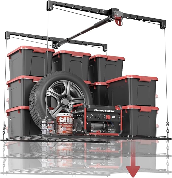 Overhead Garage Storage Lift, 4x4 Ft Ceiling Storage, Heavy-duty Ceiling Mounted Lift System,Ideal for Overhead Space, 250lbs Weight Capacity