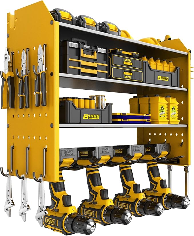 Heavy Duty Rack for Power Tool Organizer, 4 Tier Power Tool Organizer Wall Mount for Drills, Tool Battery Storage, Wall Holder with Hooks,Yellow