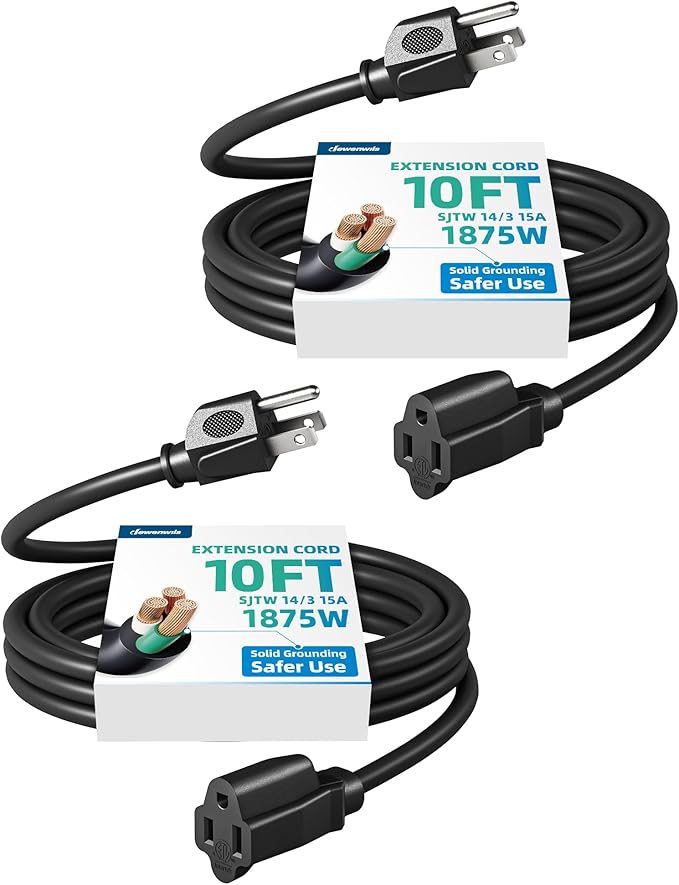 DEWENWILS Extension Cord 10ft Christmas, 14/3 SJTW Weatherproof Power Cable for Indoor Outdoor Use, 3 Prong Heavy Duty Power Cord, Black, ETL Listed, 2 Pack