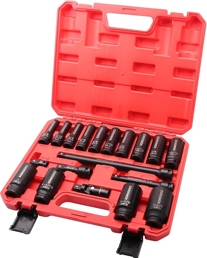 Socket Set 1/2" Drive Impact Socket Set,19-Piece 6 Point Deep, SAE CR-V Steel Sockets with Extension Bars, Universal Joint and Adapter (1/2" 19 PCS SAE)