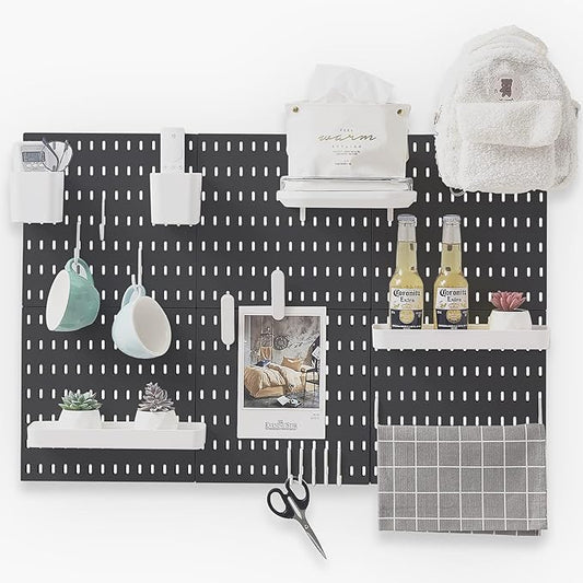 33"x22" Pegboard Combination Kit and 18 Accessories(Shelf Storage Bins Hook Brackets Clips) No Punching for Garage Kitchen Living Room Bathroom Office,Pegboard Wall Organizer (Black, 6)