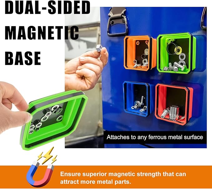 Collapsible Magnetic Parts Tray, 4.5 Inch Foldable Magnetic Square Silicone Tray, Tool Tray Set with Double-Sided Magnetic Base for Screw Bolts Nuts Pins, Car Accessories (Green)