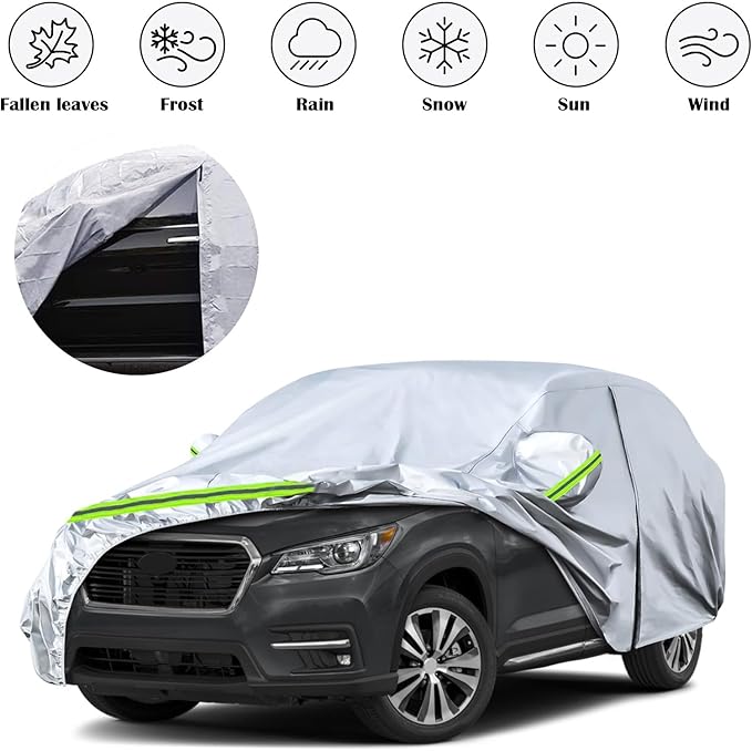 Waterproof Car Covers Replace for 2019-2025 Subaru Ascent, 6 Layers Silver All Weather Car Cover with Zipper Door & Windproof Bands for Snow Rain Dust Hail Protection