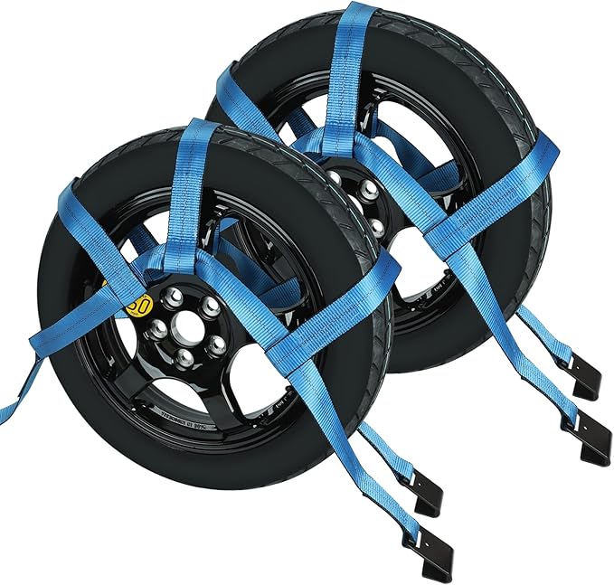 Set of 2 Blue Tow Dolly Straps with Flat Hook, Fits Most 16-20" Tires, Webbing Ratchet Straps