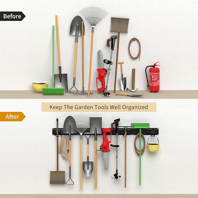 Garage Tool Organizer Wall Mount Garden Tool Organizer 11pcs Adjustable Garage Organizers with 8 Heavy Duty Hooks, Max Load 500lbs Garage Storage for Yard Garden Tools, Shovels, Trimmers, Hoses