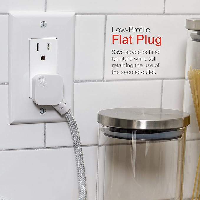 GE Designer 3-Outlet Power Strip, 1 Ft Braided Extension Cord, 3 Grounded Outlets, Flat Plug, Mini Cord, Premium, White, 45190 (Pack of 12)