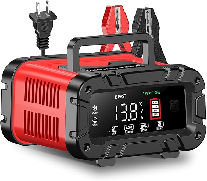E-FAST Battery Charger 0-20A 12/24V Lifepo4 Lead Acid Automatic Smart Car Battery Charger, Trickle & Pulse Repair, Automobile Battery Maintainer for Car Truck Motorcycle Lawn Mower Boat