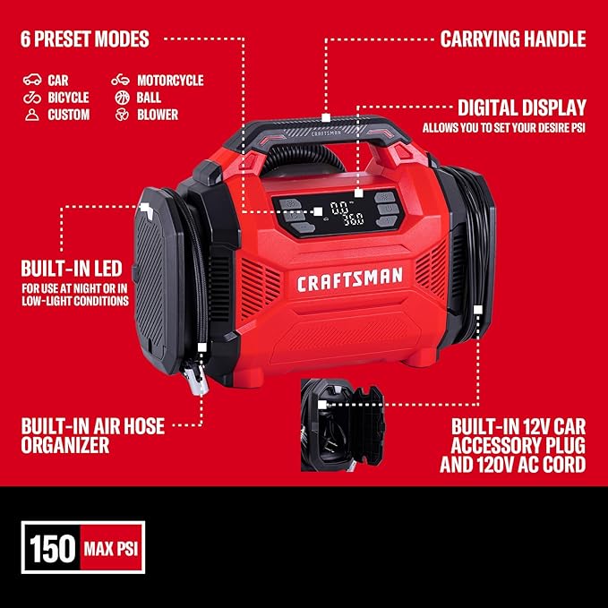 CRAFTSMAN Dual Power Tire Inflator Portable Air Compressor, 12V DC Car Plug & 120V AC Home Use, Up to 150 PSI with Digital Gauge & Auto Shut-Off, LED Light, Air Pump for Cars, Bikes & Inflatables