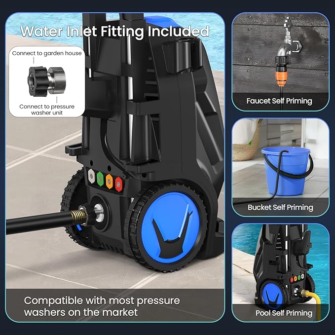 5000PSI Heavy Duty Pressure Cleaner with 33FT Hose, 4 Quick Connect Nozzles and Foam Cannon for Cars/Fences/Driveways/Patios/Home Cleaning, Deep Blue