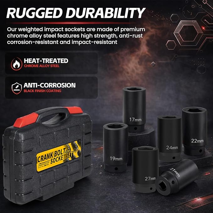 1/2" Drive Crank Bolt Socket Set, 17MM, 19MM, 21MM, 22MM, 24MM 27MM, Harmonic Balancer Socket Set, Deep Counter-Weighted Socket Set, 3 Times Momentum Power of Standard Impact Socket Set