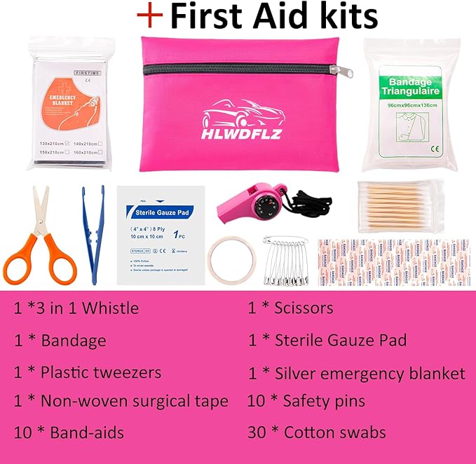 Pink Roadside Assistance Kit with Jumper Cable, Tow Rope, LED Road Flare, Deer Whistles and More Women Emergency Safety Tool Kit