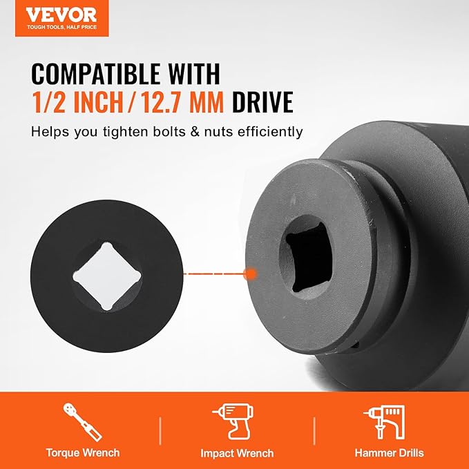 VEVOR Axle Nut Impact Socket Set - 1/2" Drive 6-Point 4-Piece SAE Spindle Nut Socket CR-MO Heat Treated Large Socket Set with Storage Case for Auto Repair, Removing or Installing Axle Nuts