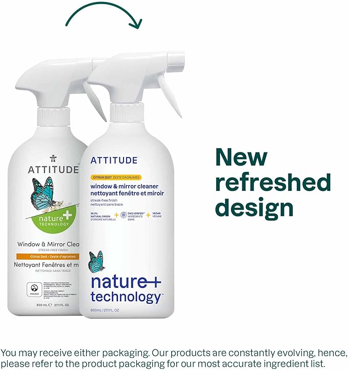 ATTITUDE Window and Mirror Cleaner, EWG Verified, Plant- and Mineral-Based Ingredients, Vegan and Cruelty-free Household Products, Citrus Zest, 27.1 Fl Oz