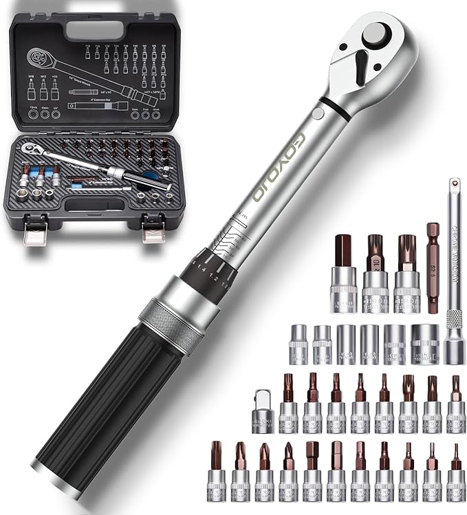 GOYOJO 32-Piece 1/4" Torque Wrench Set 1.5–17.7 ft-lbs/2–24 N.m, Chrome Vanadium Steel, Includes 1/4" & 3/8" Sockets, 4-Inch Extension - Versatile for Automotive, Cycling & DIY