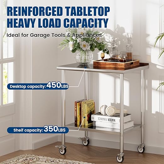 Stainless Steel Work Table with Wheels, 24x36 Inch NSF Food Prep Table with Backsplash & Adjustable Undershelves for Commercial Kitchen, Restaurant, Garage