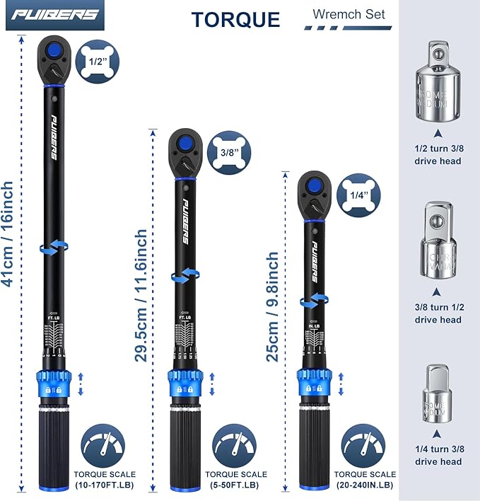 Torque Wrench Set 1/2 3/8 1/4 inch Drive Click, 3Pcs Torque Wrenches 10-170 FT.LB,5-50FT.LB,20-240IN.LB, Inch pound Torque Wrench with 3 Pcs Adapter for Bike,Car, Truck,Tractor