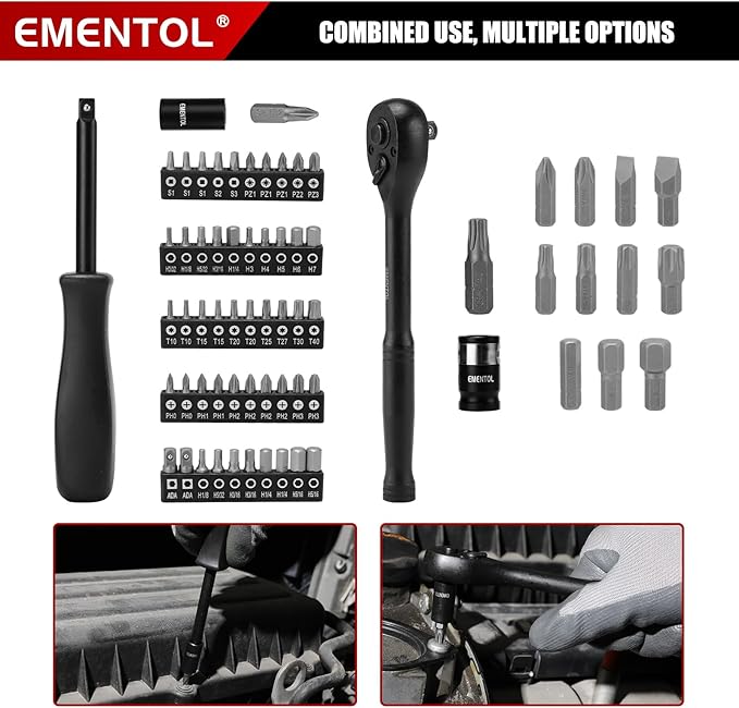 EMENTOL 189-Piece Impact Socket Set, 1/4" & 3/8" Drive Metric and SAE Sizes, CR-V Steel, Includes Deep & Shallow Sockets, Ratchets, Bits, Extensions, Spark Plug Socket & More, with Plastic Tool Case
