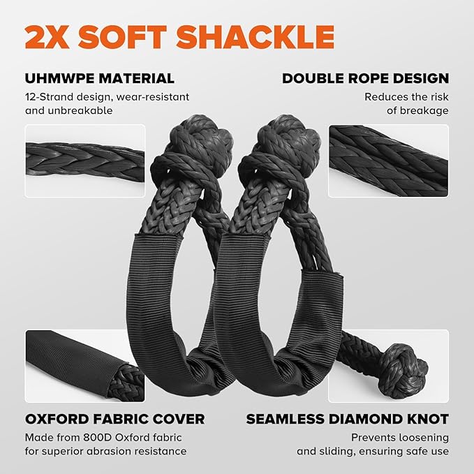 Kinetic Recovery Rope,1.26" x30ft Heavy Duty Offroad Tow Rope/60600 lbs Snatch Strap with Soft Shackles, 100% Nylon Offroad Towing Straps Kit for Truck ATV UTV SUV Jeep Car Tractor - Black