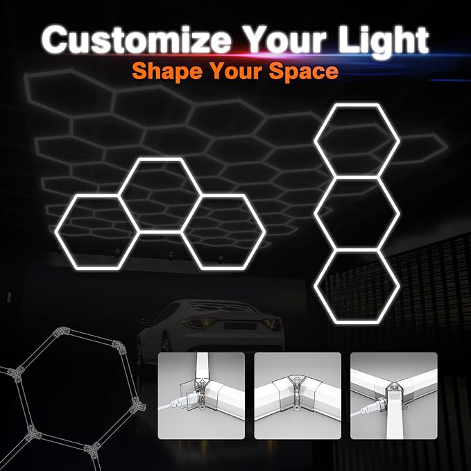 Hexagon Garage Lights, 3-HEX Updated Bigger Size, 19200lm Super Bright Car Detailing Ceiling, Led Hexagon Lights, Honeycomb Lights for Detailing, Home Gym, DIY Workspace, Basement Garage