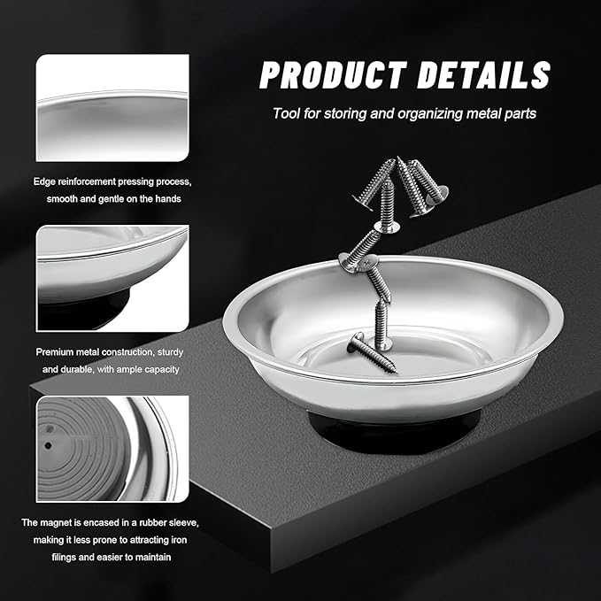 Sun Walker 2 PCS Magnetic Tray Holders, Stainless Steel Thickened Round Tray Set with Strong Magnet, Heavy Duty Magnetic Trays for Screws Bolts Nuts Washers Pins, Car Accessories (3" Round)