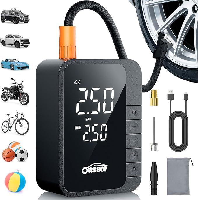 Oasser Tire Inflator Portable Air Compressor with Digital Dual Values Display 6000mAh 150PSI Type-C USB Charging&30cm Hose & Storage Bag Air Pump for Car Tires Mini Bike Pump for Auto Motor Bike Ball