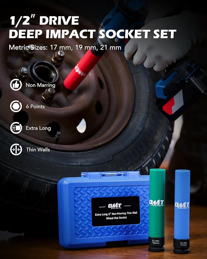 Orion Motor Tech Lug Nut Socket Set, 3pc 1/2" Drive Extra Long Impact Sockets with 17mm 19mm 21mm Metric Sockets, 6" Thin Wall Wheel Lug Nut Deep Sockets with Colored Protective Covers & Carry Case