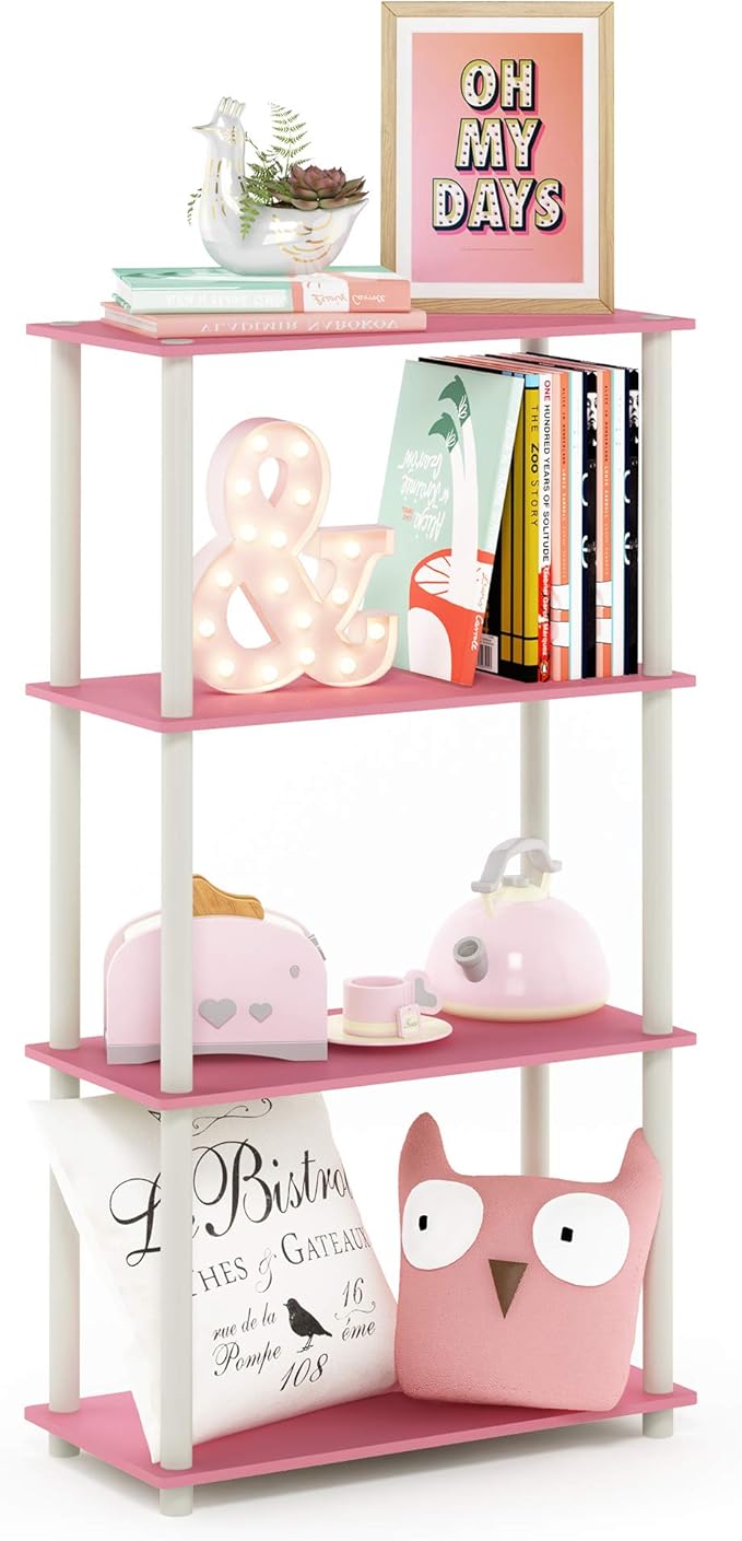 Furinno Turn-N-Tube 4-Tier Multipurpose Shelf Display Rack, Round Tubes, Pink/White