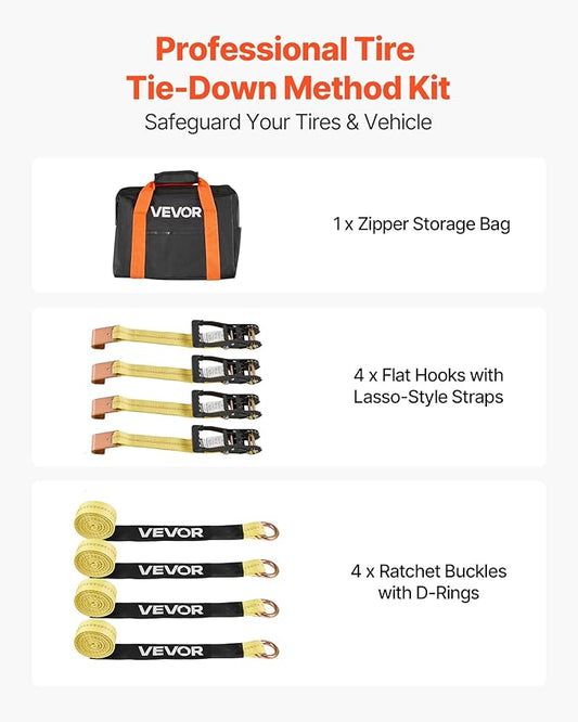 VEVOR Wheel Chock Tie-Down Kit, Tire-Style Motorcycle Tie-Down System, Car Kit with Flat Hook, Break Strength 10009 lbs & Working Load 3333 lbs Trailer Strap for ATVs, SUVs, Trailers