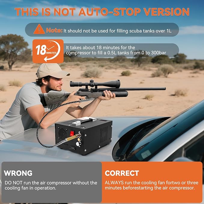 350W PCP Air Compressor, 4500Psi/30Mpa, 12V DC & 110V AC, Oil/Water-Free, Burst Disc Safety Valve, Built-in Cooling Fan for Air Rifle, Paintball, Scuba Tank