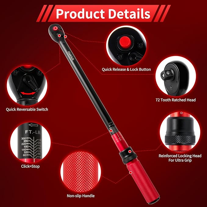 1/2-Inch Drive Click Torque Wrench, Dual-direction 40-300ft.lb/33.9-406.8Nm, 72-tooth Torque Wrench with Dual Range Scales, ±3% High Precision