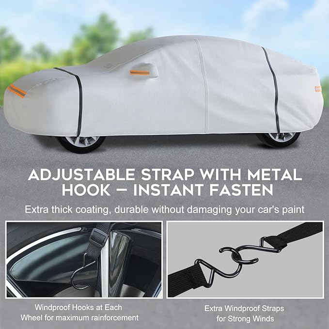 Waterproof Hatchback Car Cover: 6-Layer Protection from Rain, Snow, UV & Dust - Universal Fit up to 169 inches with Zipper Door & Windproof Straps for Outdoor, Garage, Travel Use,Silver