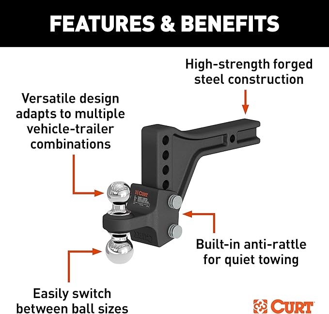 CURT 45935 Adjustable Trailer Hitch Ball Mount with Dual Ball, 2" Shank, Up to 15,000 lbs