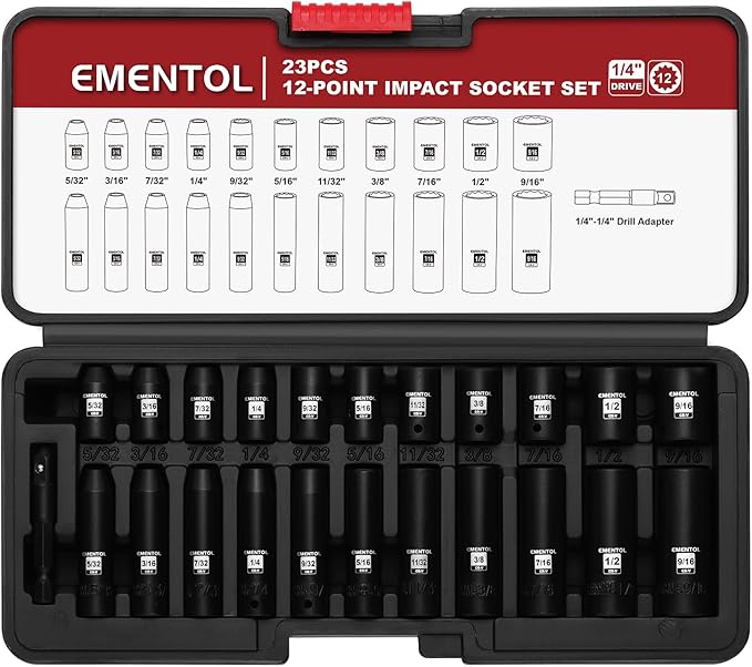 EMENTOL 1/4" Drive Impact Socket Set, 23 Pieces Deep & Shallow Socket Set, SAE 5/32"-9/16", 12 Point CR-V, Includes Drill Bit Adapter