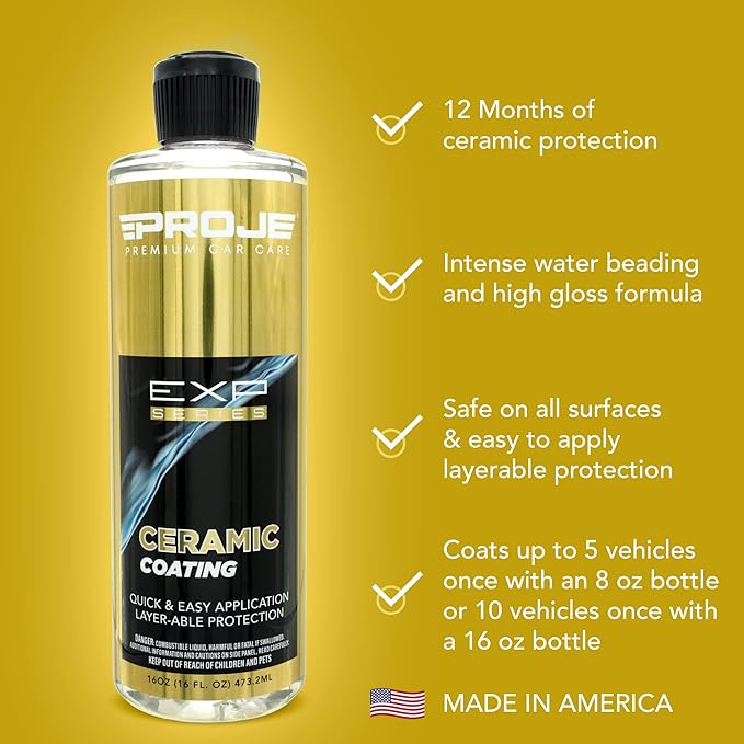 Proje Ceramic Coating - 12+ Month Durability - Easy to Apply - High Gloss - Anti Scratch - Safe on All Surfaces - Hydrophobic SiO2 Top Coat For Cars, Trucks, RVs, and More - 16 fl oz
