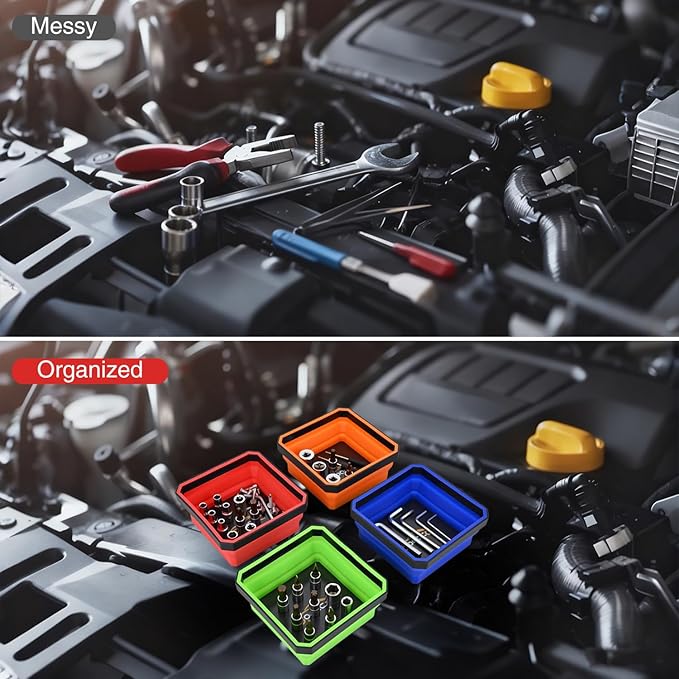 GOOACC 4 Pcs Square Collapsible Magnetic Parts Tray Set Multiple Colors Silicone Foldable Tool Trays Organizer for Screws Bolts Nuts Pins Washers and Other Small Metal Parts Double Sided Magnet Base
