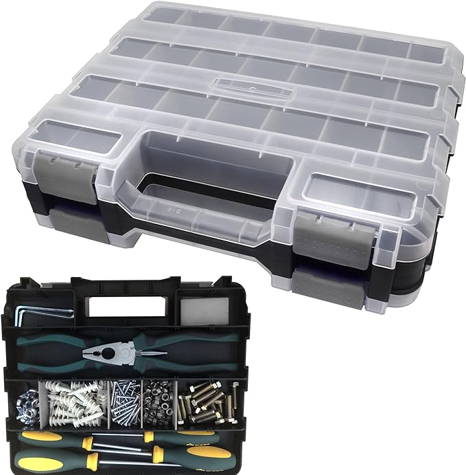 Double Side Tool Box Organizer, Hardware Storage Box, Portable Small Parts Organizer with Removable Plastic Dividers for Screws, Nuts, Nails, Bolts, Grey