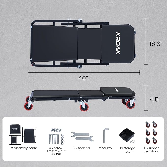 KROAK Creeper, 40 Inches 2 in 1 Z Creeper Seat 330 lbs Capacity Garage Chair Adjustable Rolling Folding Car Creeper with 6 pcs Wheels,Lay Down or Sit for Garage, Shop, Auto Repair Black