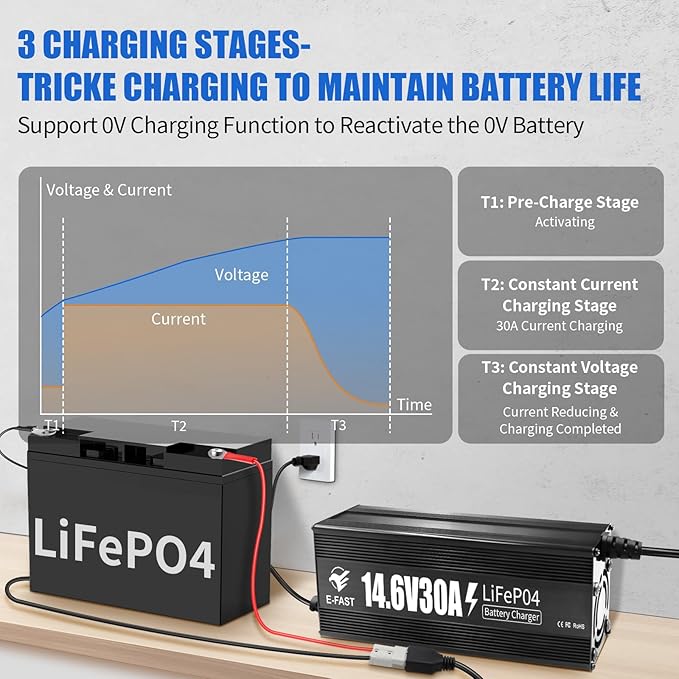 E-FAST 12V 30A Lithium Battery Charger, 14.6V LiFePO4 Battery Charger with Premium Aluminum Housing - 0V Activation for Golf Cart, RV, Marine, Boat, Trolling Motor - Includes Anderson Connector