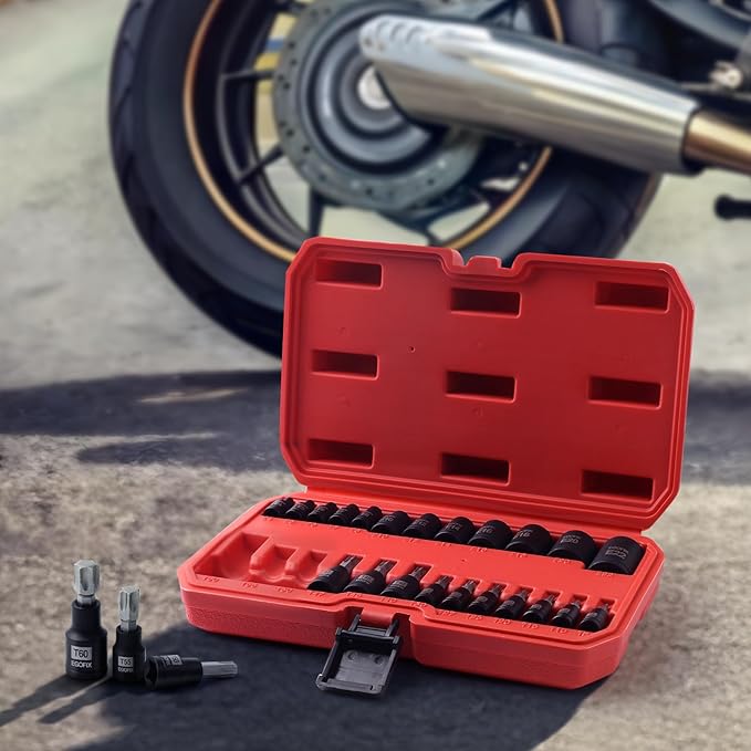 25 Piece Torx Bit and Socket Set, 13 Star Bits (T8- T60) & 12 E-Torx Sockets (E4-E22), Professional Grade Auto & Motorcycle Mechanic Set