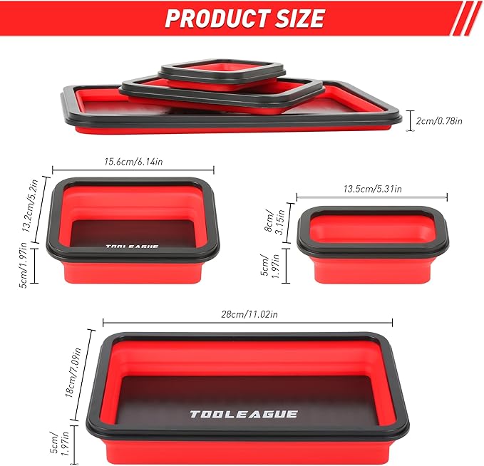 TOOLEAGUE 3Pcs Collapsible Magnetic Parts Tray Set with 15Lb Magnetic Pickup Pen,3 Different Size Silicone Foldable Tool for Organizing Screw Bolts Nuts Washers Pins and Other Small Metal Parts