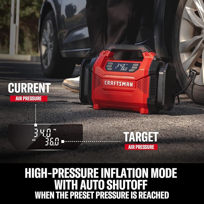 CRAFTSMAN Dual Power Tire Inflator Portable Air Compressor, 12V DC Car Plug & 120V AC Home Use, Up to 150 PSI with Digital Gauge & Auto Shut-Off, LED Light, Air Pump for Cars, Bikes & Inflatables