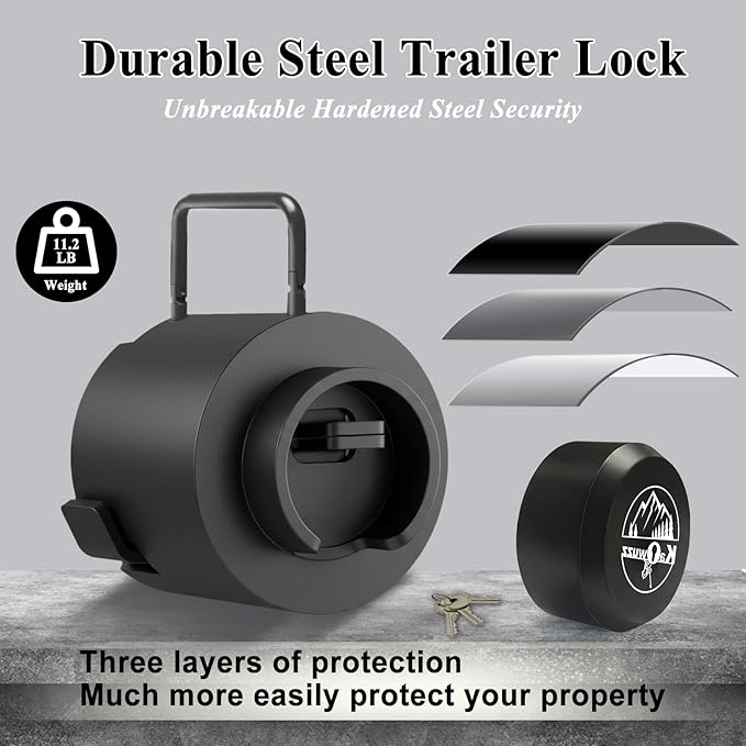 Trailer Lock, Heavy Duty Tongue Locks Fits 2 5/16-Inch Couplers, Anti-Theft, Anti-Smashing, Secures Safety Chains,Steel Tow Hitch Lock with Handle for RV, Trailer, Boat (Balck with Handle)