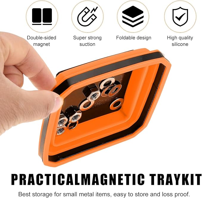 Collapsible Magnetic Parts Tray, 4.5 Inch Foldable Magnetic Square Silicone Tray, Tool Tray Set with Double-Sided Magnetic Base for Screw Bolts Nuts Pins, Car Accessories (Orange)