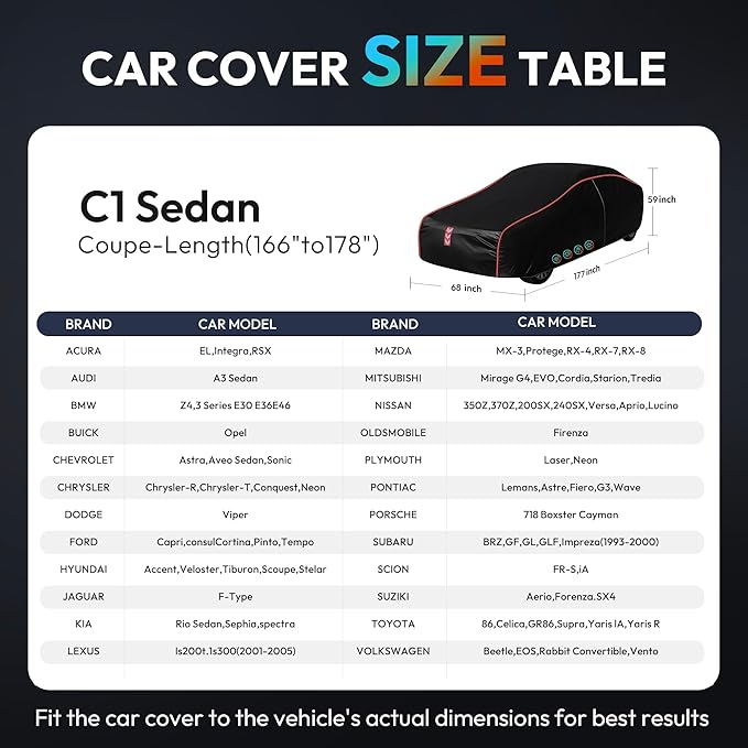 Car Cover, All-Around Fastening 60s Quick-Install, 4 Upgrades for Coupe/Cabrio up to 177 in Car Cover Waterproof All Weather