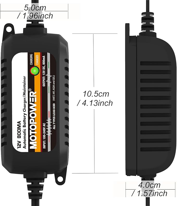 MOTOPOWER MP00205C 12V 800mA Automatic Battery Charger, Battery Maintainer, Trickle Charger, and Battery Desulfator