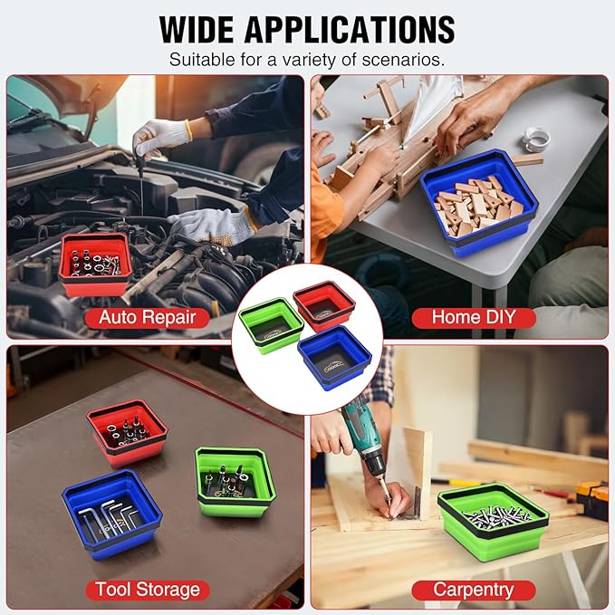 GOOACC 3 Pcs Square Collapsible Magnetic Parts Tray Set Multiple Colors Silicone Foldable Tool Trays Organizer for Screws Bolts Nuts Pins Washers and Other Small Metal Parts Double Sided Magnet Base