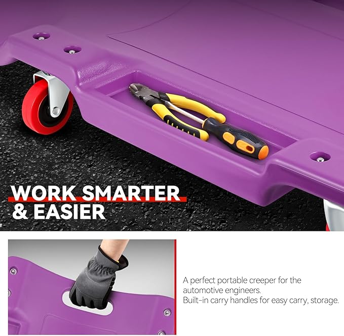 Auto Dynasty 36 Inches Mechanic Creeper, Automotive Garage Repair Low Profile Under Car Rolling Creeper with Padded Headrest, Plastic, Purple