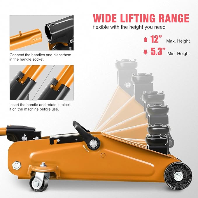 PM PERFORMOTOR Low Profile Hydraulic Trolley Service/Floor Jack, 1.5 Ton (3000 lbs) Capacity, Lifting Range 5.3"-12",Orange,PM-TOL-FJ15-OG