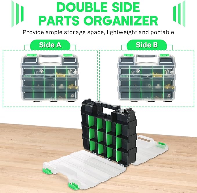 Small Parts Organizer | Storage Case Tools Box 34-Compartments Double Side Organizer Box with Removable Dividers for Small Hardware, Screws, Bolts, Nuts, Nails, Beads (Green)