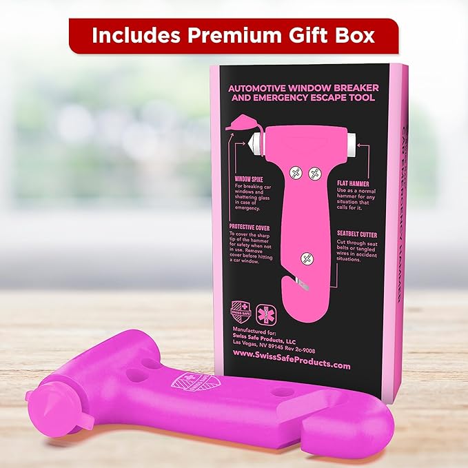 Swiss Safe 5-in-1 Emergency Car Safety Hammer – Car Window Breaker & Seatbelt Cutter, Heavy-Duty Escape Tool for Vehicle Emergencies and Auto Kits – Pink, 1 Pack